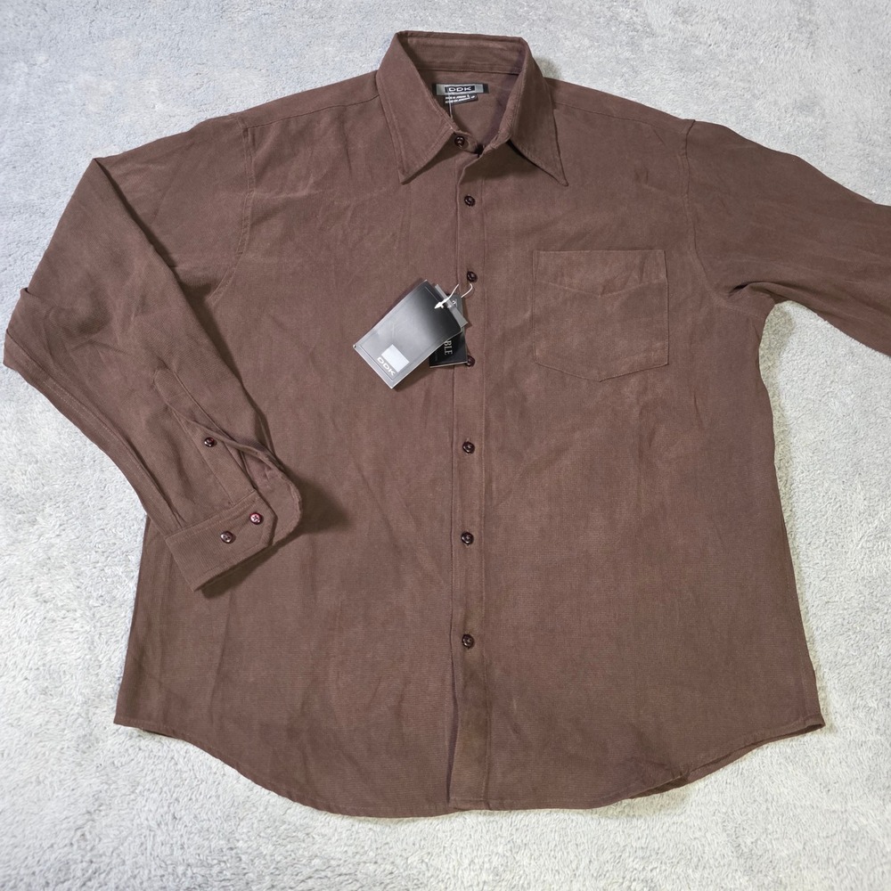 DDK Mens Large Button Up Shirt‎ Brown Microfiber Suede Long Sleeve HFM 9648 NEW
